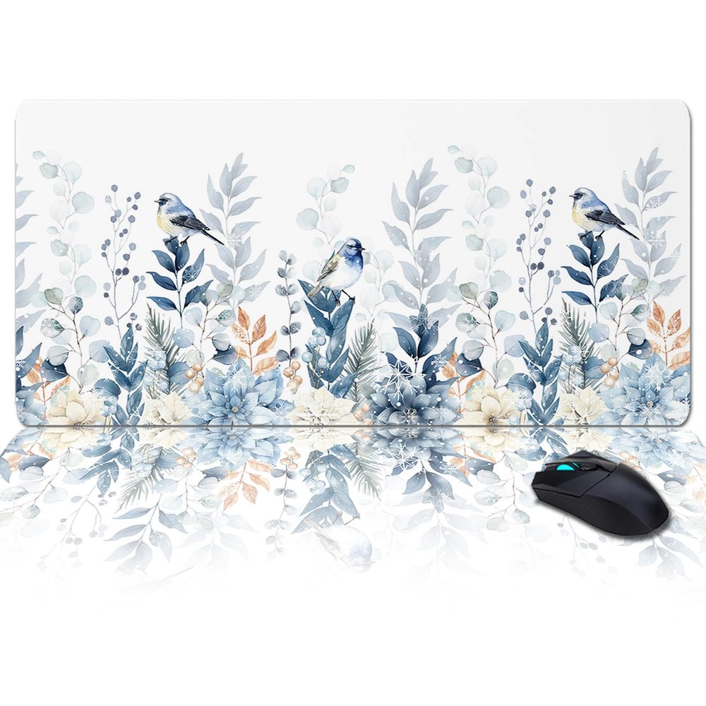 Oversized Gaming Mouse Pad, Christmas Winter Blue Poinsettia Snowflake Robin Eucalyptus Leaves Desk Mat for Home Office Non-Slip Extended XXL Computer Mouse Pad for Laptop Desktop Keyboard,35x15in