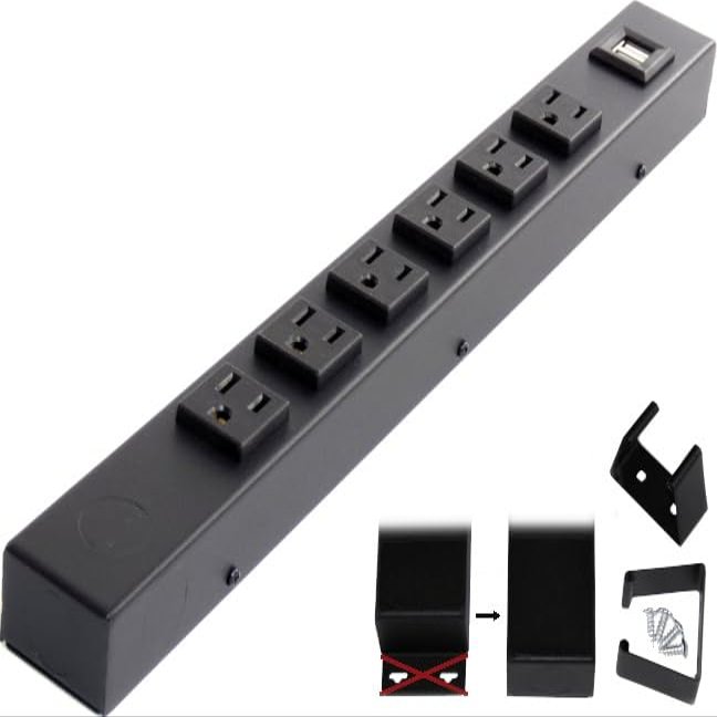 16" Hardwired Power Strip (NO Power Cord), 12 Vertical Outlets (NOT Tamper Resistant), NO Ears (Without mounting tabs), 15A (NOT a 20 Amp Unit), with USB, Black