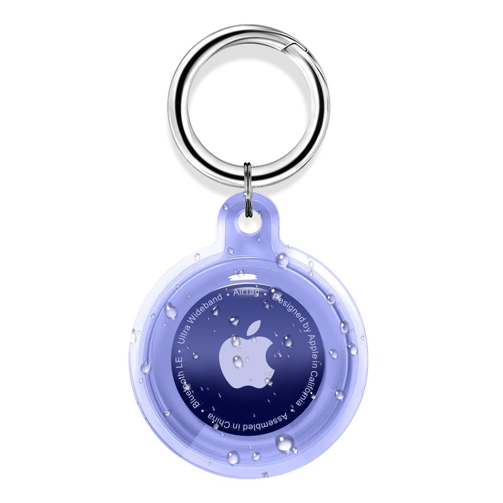 Airtag Holder,Waterproof Air tag Case with Spring Keychain,360 Waterproof Transparent TPU Cover Compatible with Apple Airtag for Pets,Keys, Bags, Luggage(Purple)