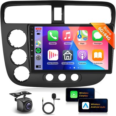 8 Core 6G 128G Car Stereo Radio for Honda Civic 2001-2005 with Wireless CarPlay Android Auto DSP/36EQ MirrorLink 9 inch 1280x720P IPS Touchscreen Bluetooth 5.0 GPS FM/RDS WiFi AHD Backup Camera