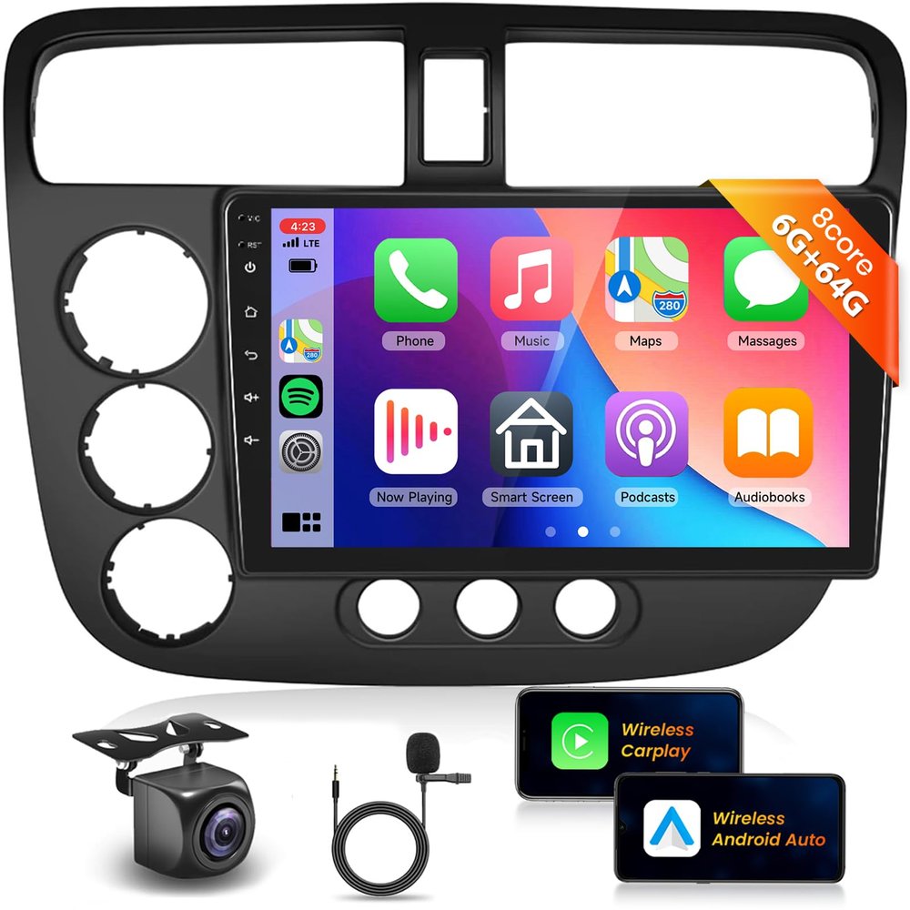 8 Core 6G 128G Car Stereo Radio for Honda Civic 2001-2005 with Wireless CarPlay Android Auto DSP/36EQ MirrorLink 9 inch 1280x720P IPS Touchscreen Bluetooth 5.0 GPS FM/RDS WiFi AHD Backup Camera