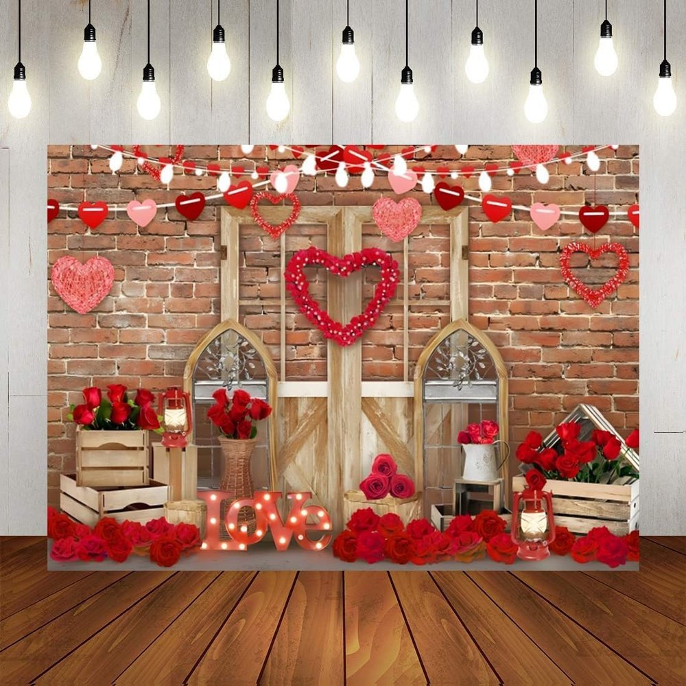 Caheansi 12x10 ft Happy Valentine Mother's Day Backdrop Brick Wall Wood Door and Red Rose Flower Love Heart Photography Background Valentines Day Party Decor Banner Photo Booth Props