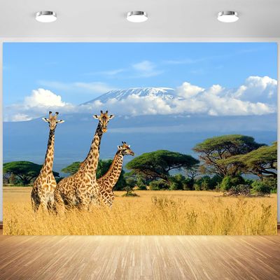 12x8ft Giraffe Backdrop Africa Safari Landscape Photography Background Kids Birthday Baby Shower Giraffe Animals Party Banner Decorations Supplies Photo Booth Props