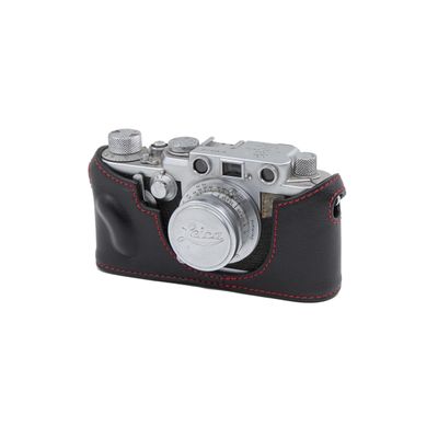 MRZHOUCASE Genuine Cowhide Leather Camera Half Case for Leica IIIf IIIg IIIc IIIb Screw Mount Film Cameras (Black with Red Stitching)