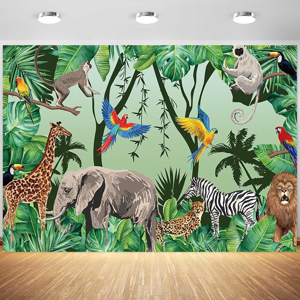 10x6.5ft Safari Backdrop Jungle Animals Rainforest Photography Background Kids Wild One Birthday Baby Shower Party Banner Decorations Cake Table Supplies Photo Booth Props