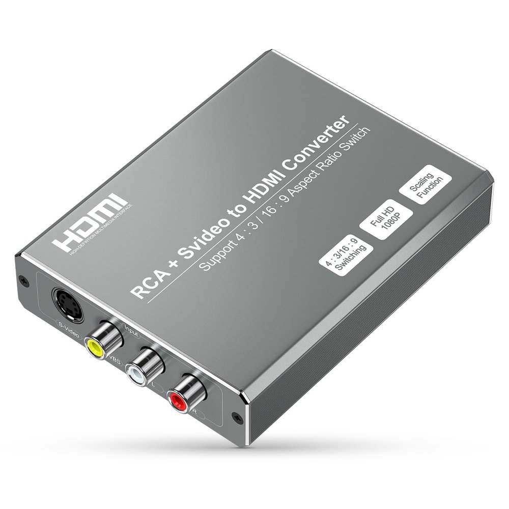 RCA Svideo to HDMI Converter with 4 : 3/16 : 9 Aspect Ratio Switch, S-Video RCA to HDMI Adapter, Support 720P/1080P Output Switch for VHS/VCR/DVD Player/Wii/PS1/PS2/N64/NGC/NES to View on HD TVs