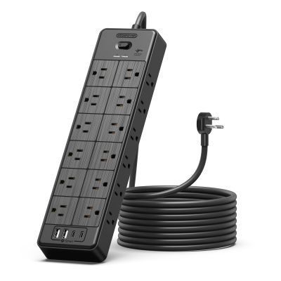 24 Widely Outlets Extension Cord 10 Ft NTONPOWER 15A/1875W Power Strips with Surge Protection 4000J,Black Extension Cord Surge Protector with 4 USB Ports(2 USB C), Wall Mount Holes for Home, Office