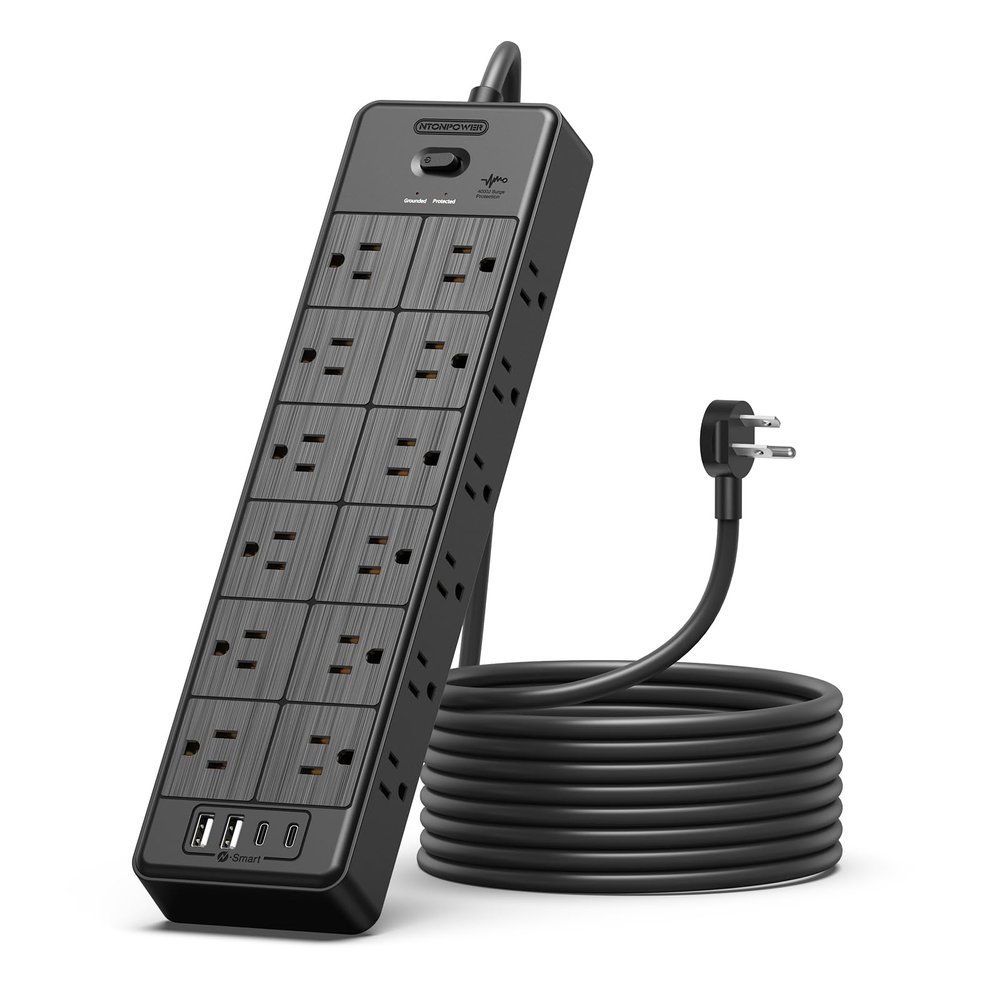 24 Widely Outlets Extension Cord 10 Ft NTONPOWER 15A/1875W Power Strips with Surge Protection 4000J,Black Extension Cord Surge Protector with 4 USB Ports(2 USB C), Wall Mount Holes for Home, Office