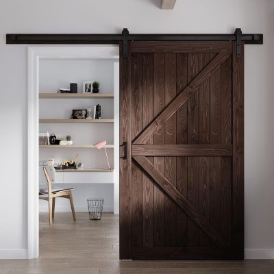 FREDBECK 48in x 84in Brown Wood Barn Door with 8ft Barn Door Hardware Track Kit Included, Double Surfaces,Simple Assembly is Required,K-Frame,Coffee
