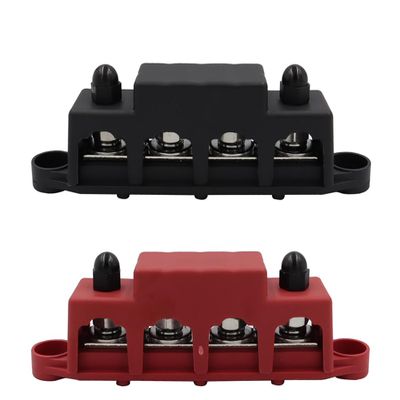 2PCS Power Distribution Block Bus Bar with Cover, 4 x 3/8" Posts, 6 x #8 Screws Terminals, Max 48V 250A Pair (3/8", Red & Black)