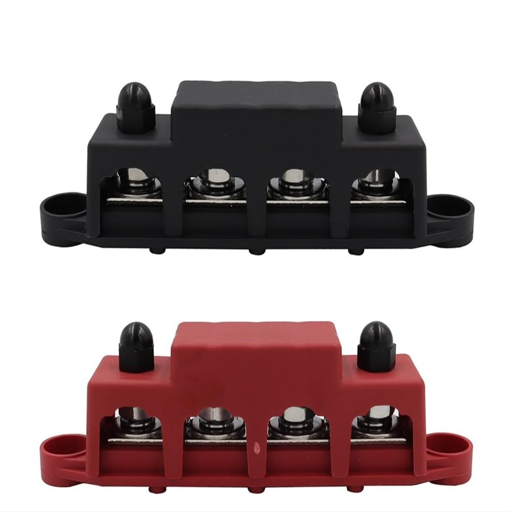 2PCS Power Distribution Block Bus Bar with Cover, 4 x 3/8" Posts, 6 x #8 Screws Terminals, Max 48V 250A Pair (3/8", Red & Black)
