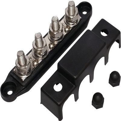 Power Distribution Block Bus Bar with Cover for Boat/Car/RV/Yacht, 4 x 3/8" Posts, 6 x #8 Screws Terminals, Max 48V 250A (3/8", Black)