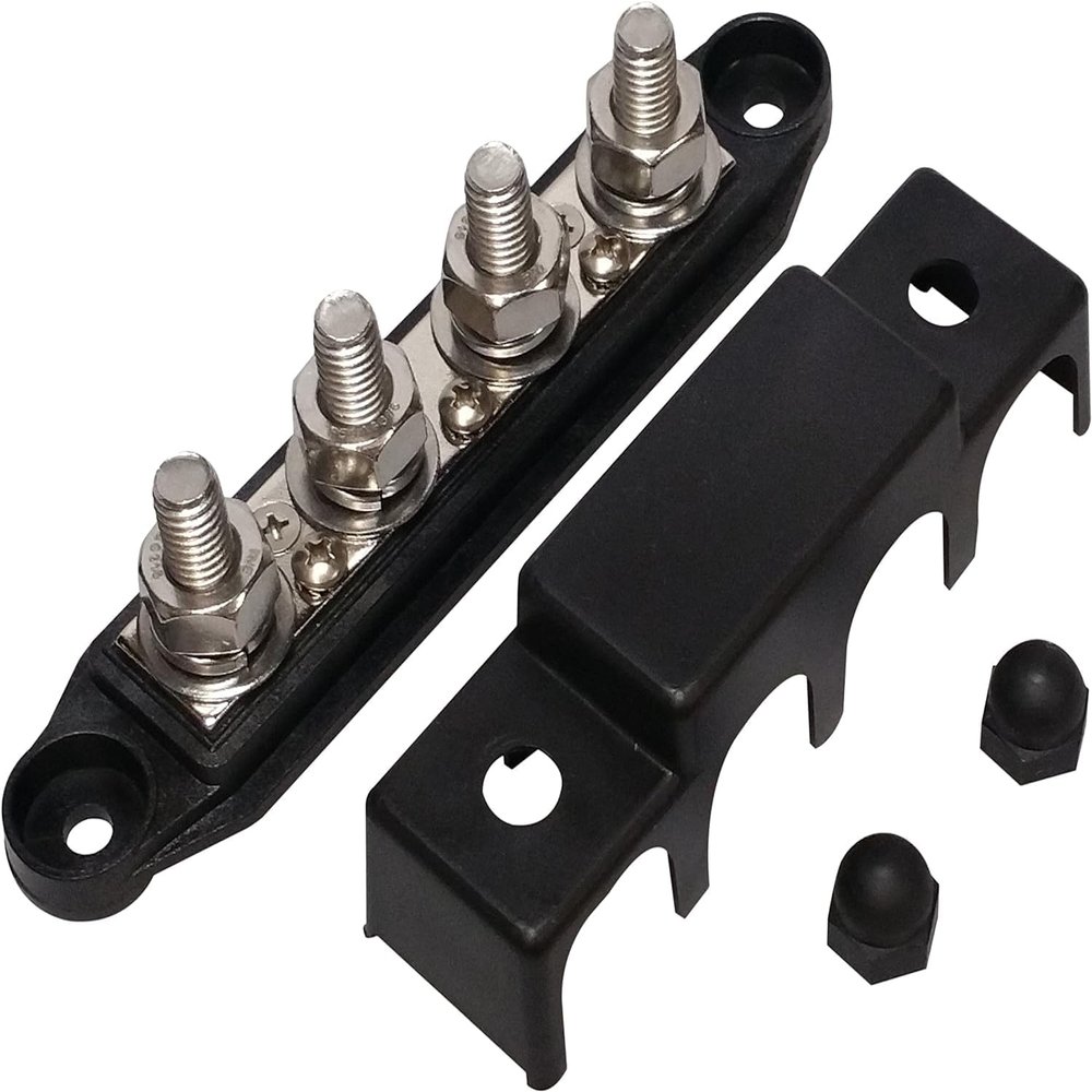 Power Distribution Block Bus Bar with Cover for Boat/Car/RV/Yacht, 4 x 3/8" Posts, 6 x #8 Screws Terminals, Max 48V 250A (3/8", Black)