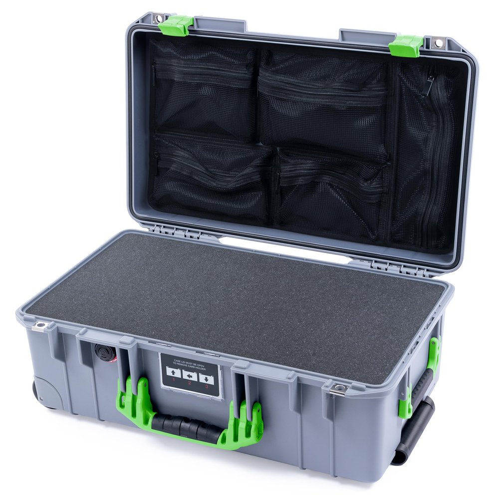 Pelican Air 1535 Carry-on Case by ColorCase - Silver - Medium Size Waterproof Case with Pick & Pluck Foam & Mesh Lid Organizer - Lime Green Handles & Latches