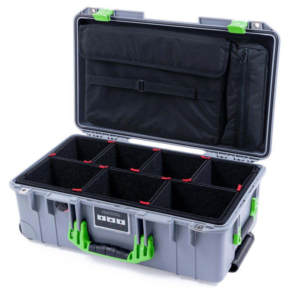 ColorCase Pelican Air 1535 Carry-on Case Silver - Medium Size Waterproof Case with TrekPak Divider System & Laptop Computer Lid Pouch - Lime Green Handles & Latches