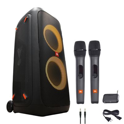 JBL PartyBox 310 Portable Bluetooth Speaker with Lights (JBLPARTYBOX310AM) + Wireless Two Microphone System with Receiver + AUX Cable + Microfiber Cloth