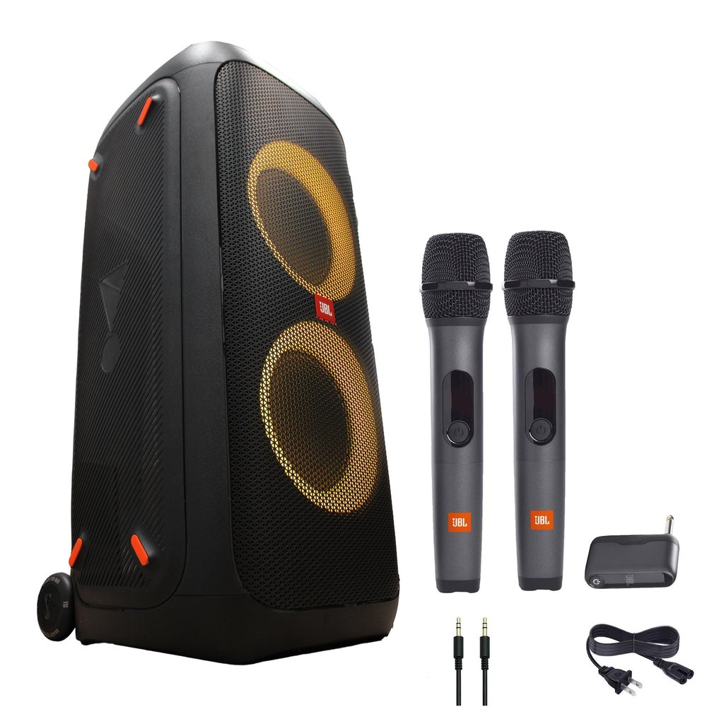 JBL PartyBox 310 Portable Bluetooth Speaker with Lights (JBLPARTYBOX310AM) + Wireless Two Microphone System with Receiver + AUX Cable + Microfiber Cloth