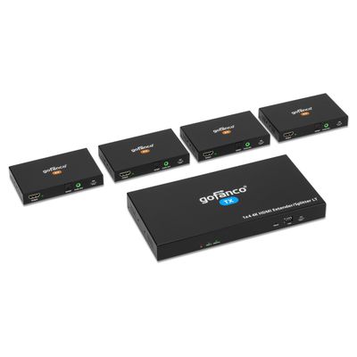 gofanco 4K 1x4 HDMI Extender Splitter Over CAT6/7 Ethernet Cable 4K 60Hz 4:4:4, 197ft/60m, HDMI Loopout, HDR, HLG, HDCP 2.2, PoC, Dual IR, EDID, 5.1-ch Audio, Audio Extraction (HD20Ext4P-LT)
