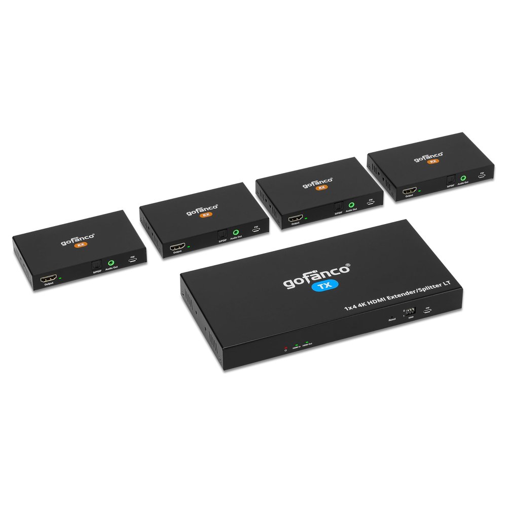 gofanco 4K 1x4 HDMI Extender Splitter Over CAT6/7 Ethernet Cable 4K 60Hz 4:4:4, 197ft/60m, HDMI Loopout, HDR, HLG, HDCP 2.2, PoC, Dual IR, EDID, 5.1-ch Audio, Audio Extraction (HD20Ext4P-LT)