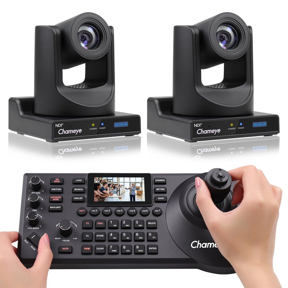 Chameye NDI PTZ Camera 20x Optical Zoom AI Auto Tracking (NDI HX3 Certified) HDMI PTZ Camera for Church Live Streaming, PoE PTZ Controller Keyboard, NDI PTZ Bundle C720Nx2+E300 (K220N)