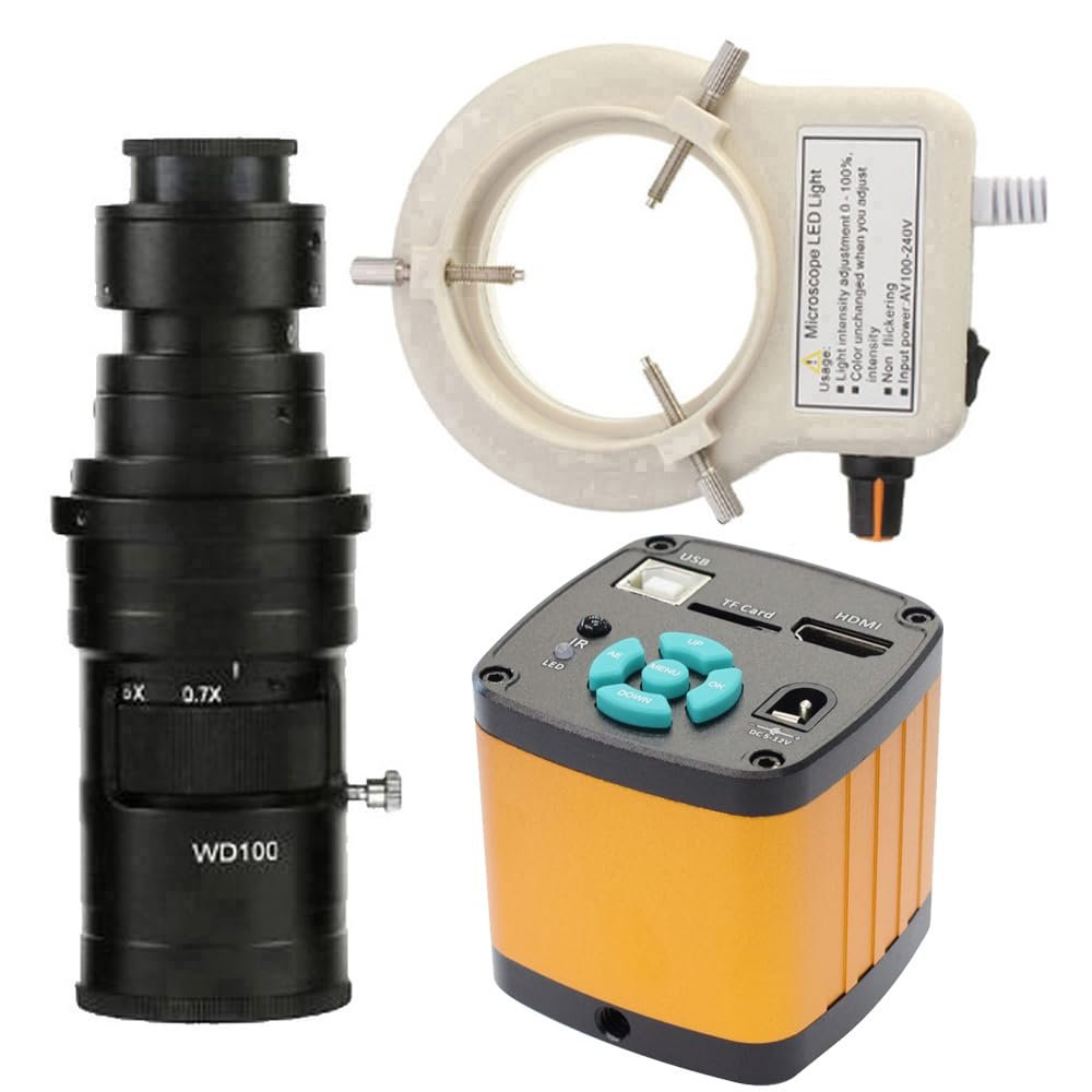 4K Trinocular Microscope Camera 48MP HD Industrial Digital HDMI USB Electronic Repair & 200X C-Mount Lens Whit 56-LED Adjustable Ring Light