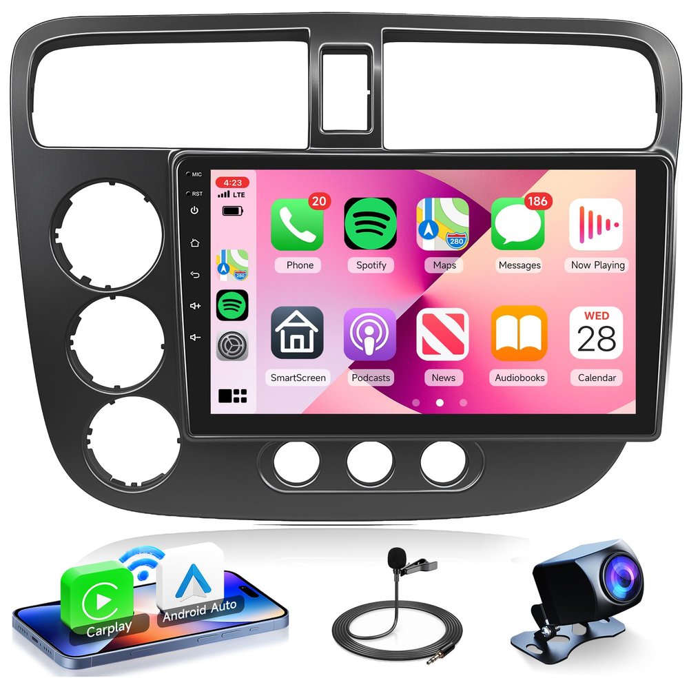 Rimoody 8Core 4G+64G Android 13 Car Radio for Honda Civic 2001-2005 Car Stereo Wireless Carplay Android Auto GPS Navigation WiFi, 9 Inch Touchscreen Bluetooth 5.0 Mirror Link FM/RDS EQ Backup Camera