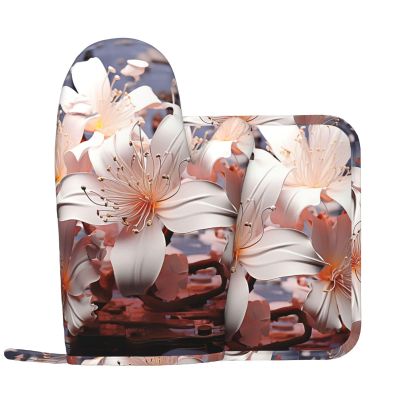 Delicate Flowers Oven Mitts and Pot Holders 2 PCS for Kitchen Heat Resistant Non Slip Oven Gloves Hot Pads Funny Oven Mitt Potholder with Hanging Loop for Cooking Grilling Baking BBQ Kitchen Decor
