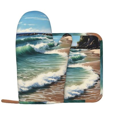 Coastal Oven Mitts and Pot Holders 2 PCS for Kitchen Heat Resistant Non Slip Oven Gloves Hot Pads Funny Oven Mitt Potholder with Hanging Loop for Cooking Grilling Baking BBQ Kitchen Decor