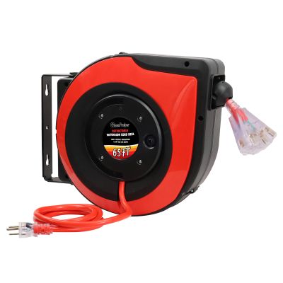 65Ft Heavy Duty Cord Reel, Retractable Extension Cord, 12AWG/3C SJTOW, Lighted Triple Tap Outlets 15A Circuit Breaker, Wall/Ceiling Mounted, Adjustable Stopper UL Listed Red