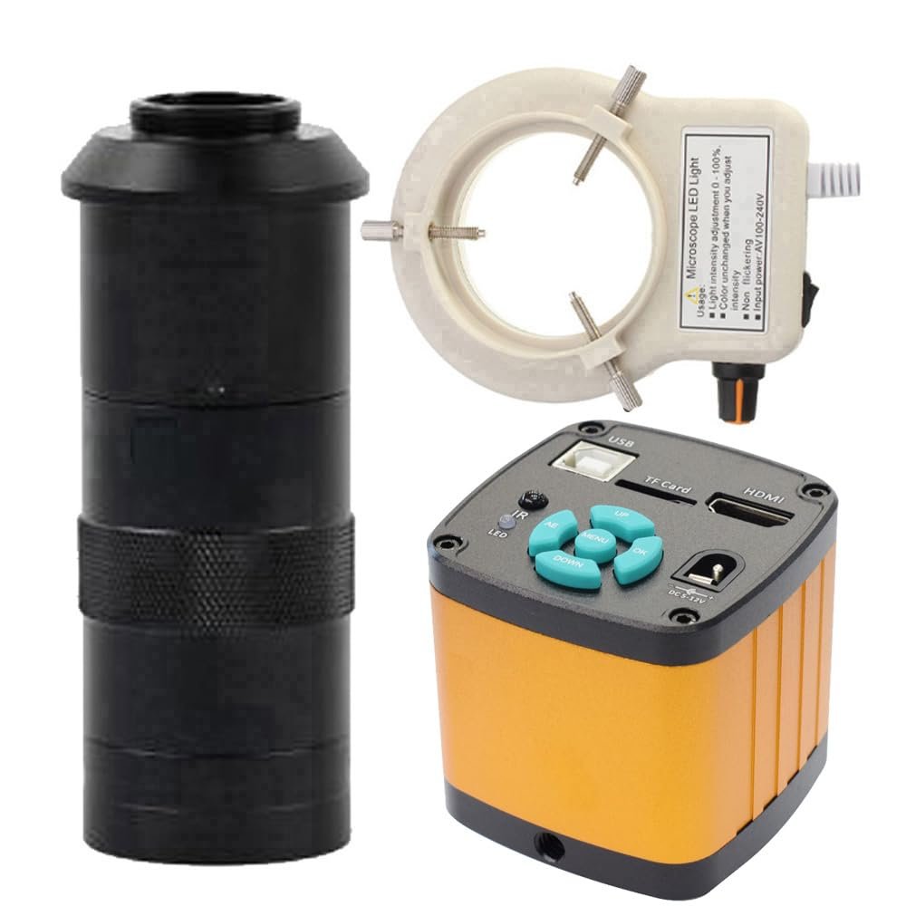 4K Trinocular Microscope Camera 48MP HD Industrial Digital HDMI USB Electronic Repair & 100X C-Mount Lens Whit 56-LED Adjustable Ring Light