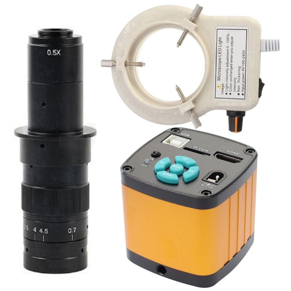 4K Trinocular Microscope Camera 48MP HD Industrial Digital HDMI USB Electronic Repair & 180X C-Mount Lens Whit 56-LED Adjustable Ring Light