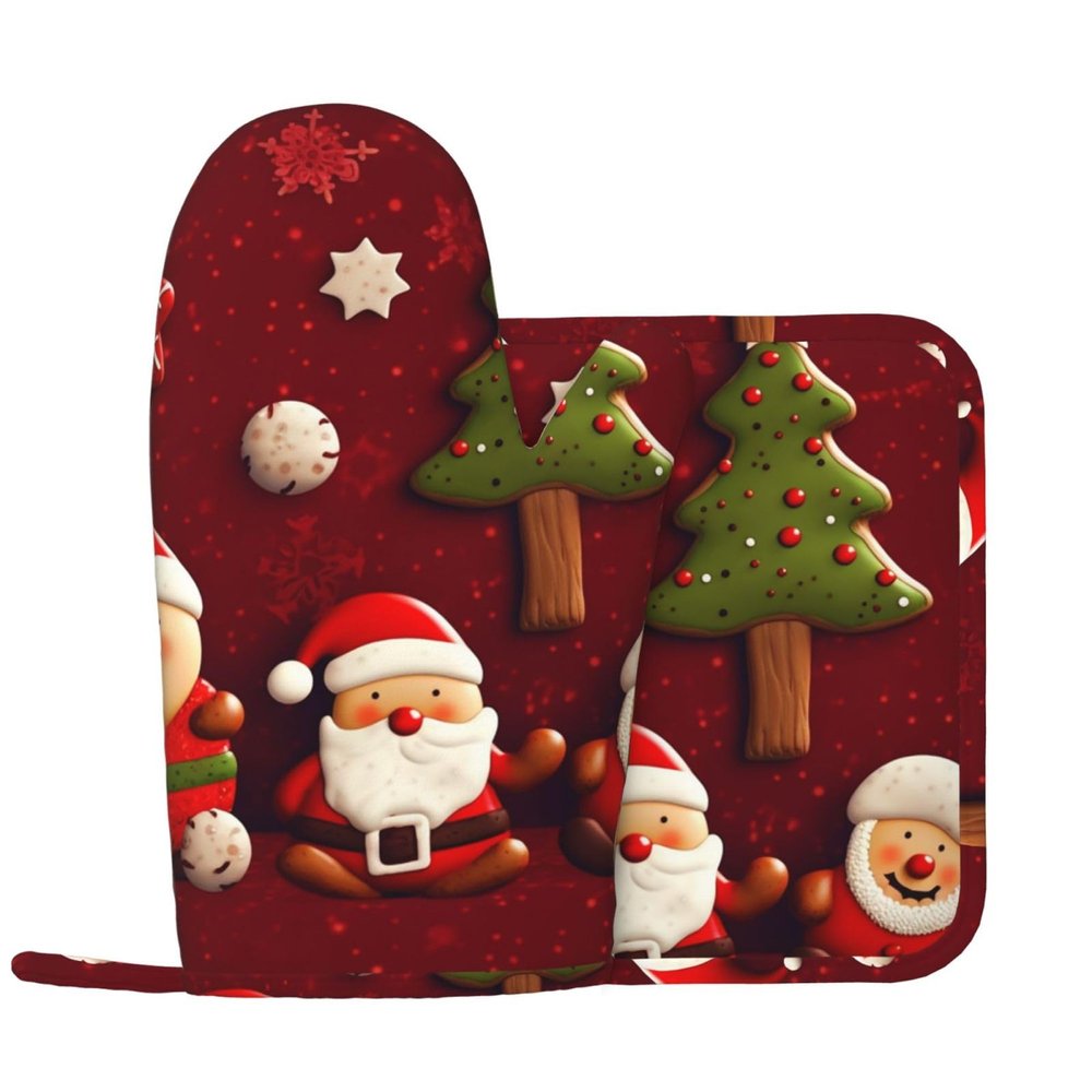 Happy Christmas Oven Mitts and Pot Holders 2 PCS for Kitchen Heat Resistant Non Slip Oven Gloves Hot Pads Funny Oven Mitt Potholder with Hanging Loop for Cooking Grilling Baking BBQ Kitchen Decor