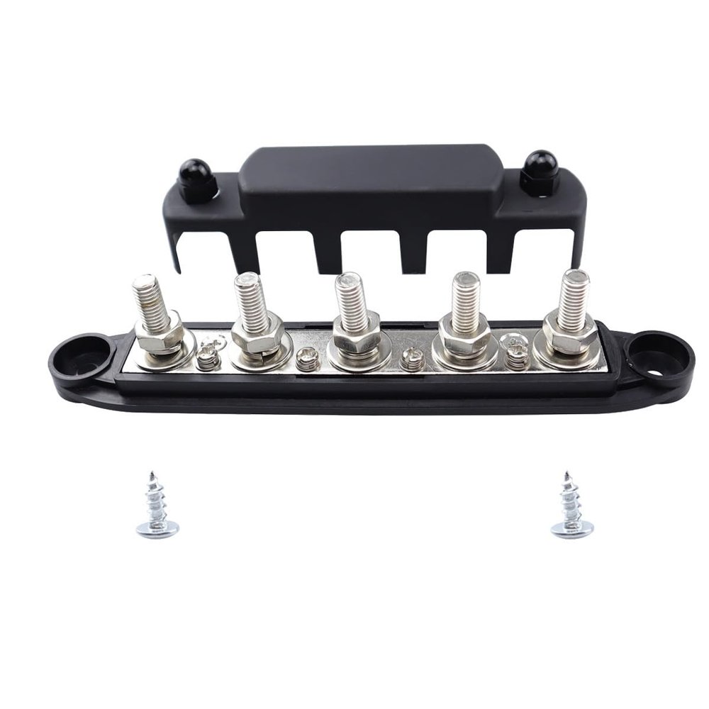 Frianchlly Power Distribution Block Bus Bar with Cover for Boat/Car/RV/Yacht, 5 x 5/16" Posts(M6), 6 x #8 Screws Terminals, Max 48V 250A
