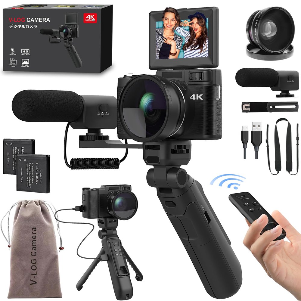 4K Digital Camera with Creator Accessory Kit 48MP Remote Control Vlogging Camera for Vloggers Autofocus Flip Screen Photography Cameras with Tripod Grip, Wide-angle & Macro lens, Mic, Batteries