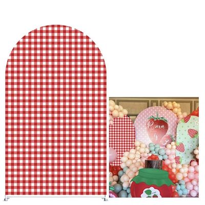 Aerdce Red and White Checkered Arch Backdrop Fabric Covers Strawberry Theme Stretchy Arched Stand Cover for Birthday Party Baby Shower Decoration Supplies(Cover+Arch Stand)