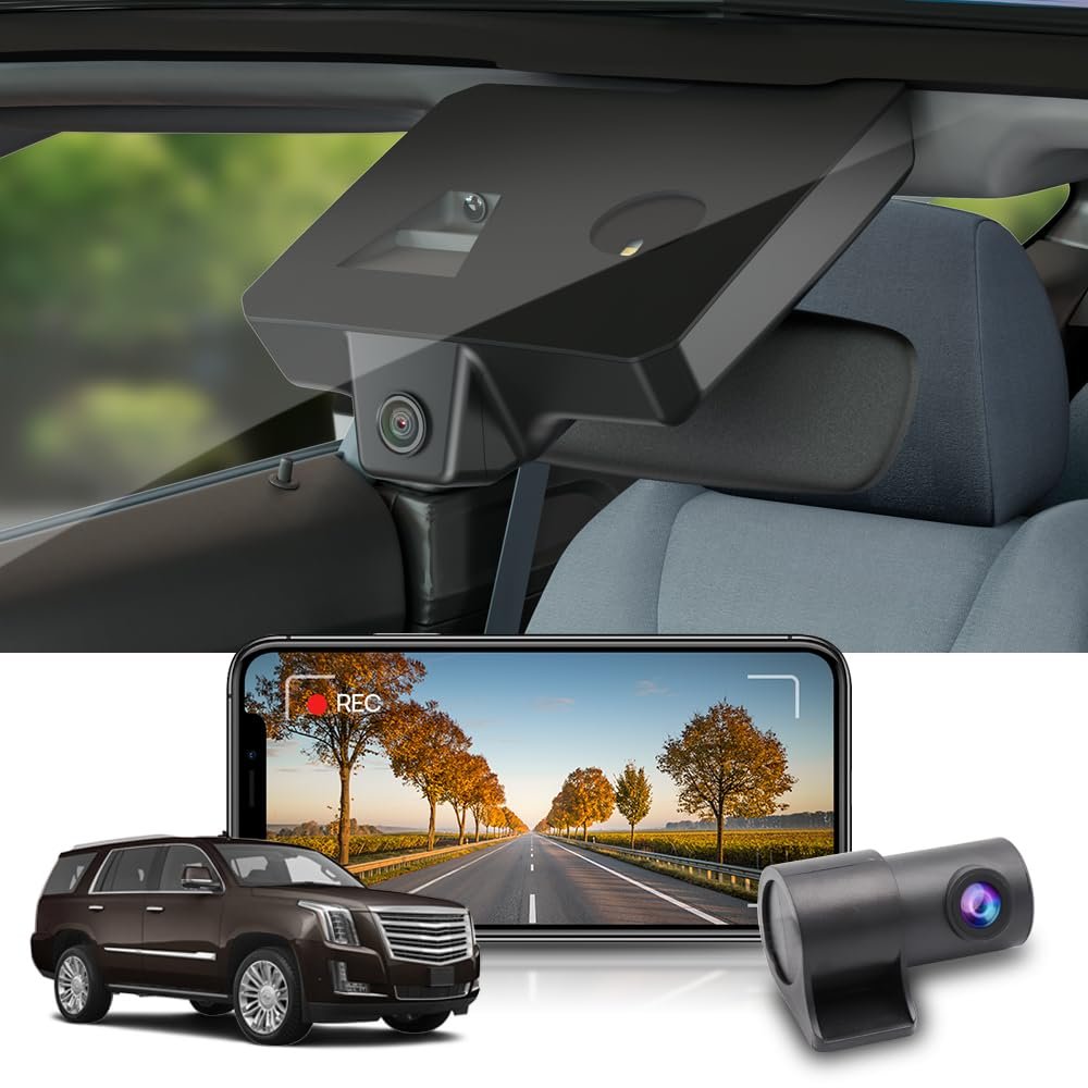 Fitcamx 2K Dual Dash Cam Suitable for Cadillac Escalade 2015 2016 2017 2018 2019 2020 (has Auto-Dimming), OEM Look, 2 Way HD Loop Recording, Built-in WiFi & APP, G-Sensor, Easy to Use, 64GB Card