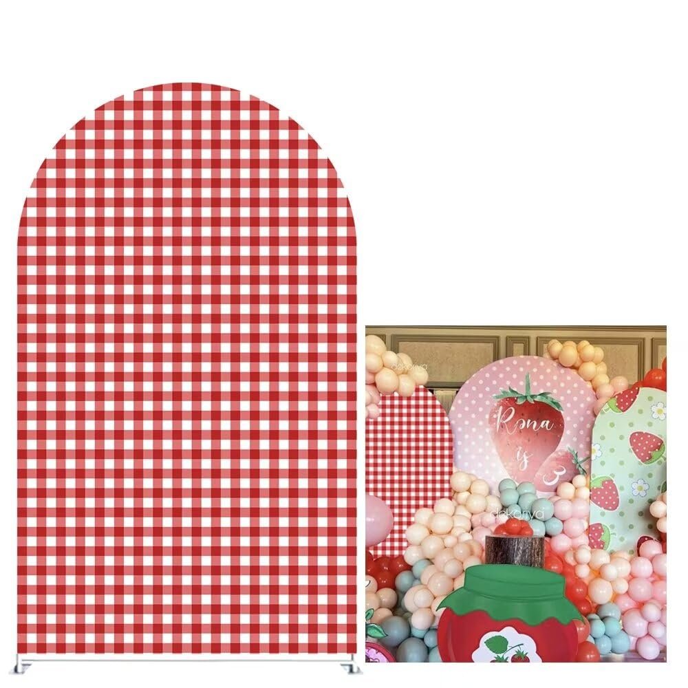 Aerdce Red and White Checkered Arch Backdrop Fabric Covers Strawberry Theme Stretchy Arched Stand Cover for Birthday Party Baby Shower Decoration Supplies(Only Cover)