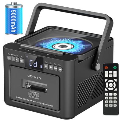 Boombox Cassette CD Player Bluetooth5.1 with 5000mAh Battery,5W Dual Stereo Speakers,Rechargeable CD Player with FM Radio,Remote Control,Tape Recording,3.5mm Earphone Jack,AUX/Micro SD/USB for Home