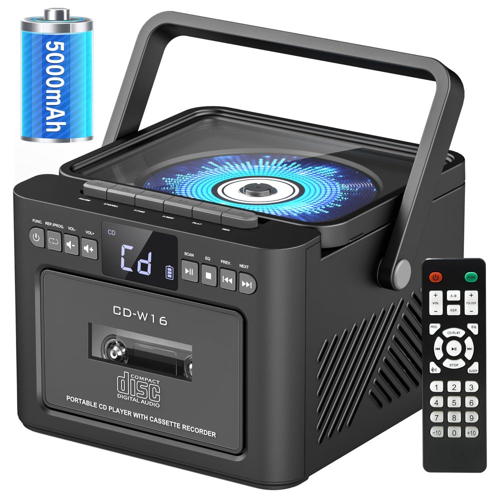 Boombox Cassette CD Player Bluetooth5.1 with 5000mAh Battery,5W Dual Stereo Speakers,Rechargeable CD Player with FM Radio,Remote Control,Tape Recording,3.5mm Earphone Jack,AUX/Micro SD/USB for Home