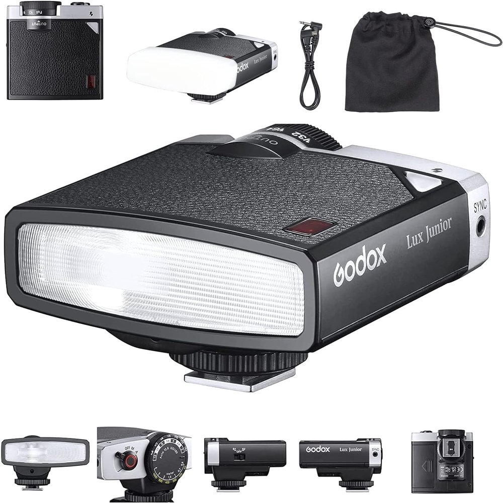 Godox Lux Junior Retro Camera Flash with Diffuser, Speedlite GN12 6000K200K CCT, Automatic and Manual Modes 1/1-1/64 Flash Power, 28mm Focal Length for Canon Nikon Sony Fuji Olympus Hot Shoe Cameras