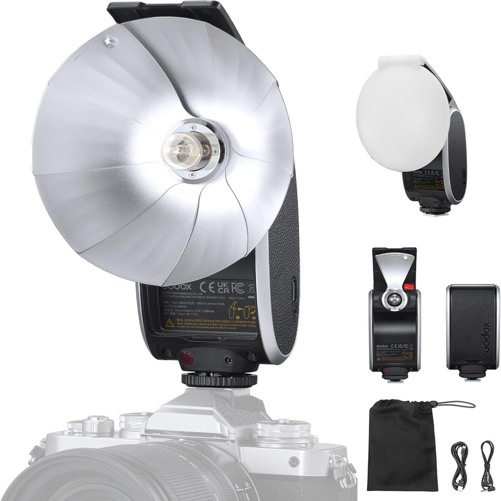 Godox Lux Senior Retro Camera Flash kit with Diffuser, GN14 1700mAh 6000K200K CCT, Automatic & Manual Modes 1/1-1/64 Flash Power, 28mm Focal Length Foldable for Canon Sony Nikon Fuji Olympus Cameras