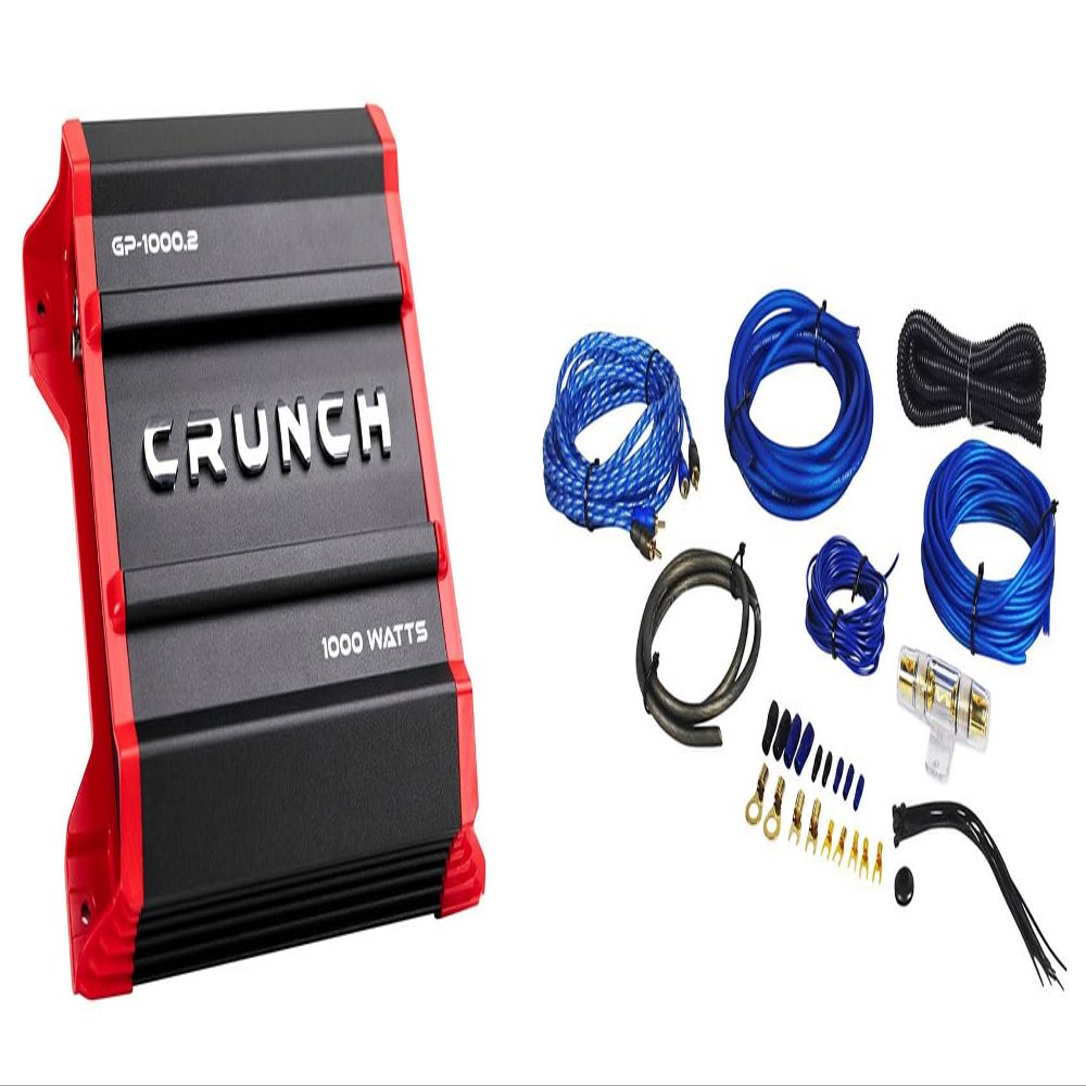 Audiosavings Bundle: Crunch GP-1000.2 Ground Pounder 1000 Watt 2-Channel Amplifier Car Stereo Amp Bundle with Rockville RWK81 8 Gauge Complete Amp Installation Wire Kit with 100% Copper RCA (2 Items)
