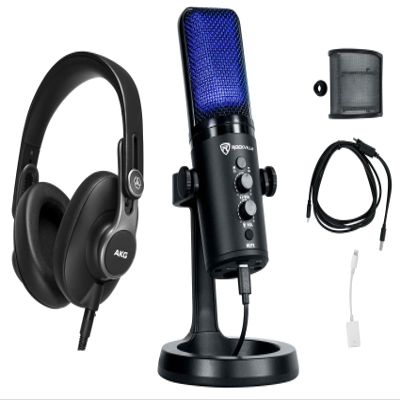 Audiosavings Bundle: AKG K371 Over-Ear Oval Closed-Back Pro Studio Headphones 50MM Drivers/Swivel Bundle with Rockville ROCK-STREAM PRO Gaming Streaming Recording Dual Pattern USB Microphone (2 Items)