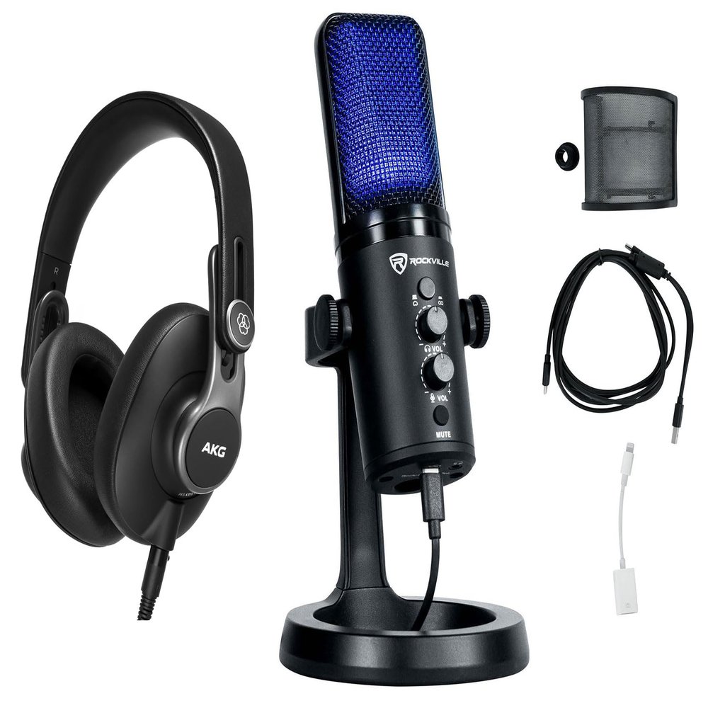 Audiosavings Bundle: AKG K371 Over-Ear Oval Closed-Back Pro Studio Headphones 50MM Drivers/Swivel Bundle with Rockville ROCK-STREAM PRO Gaming Streaming Recording Dual Pattern USB Microphone (2 Items)