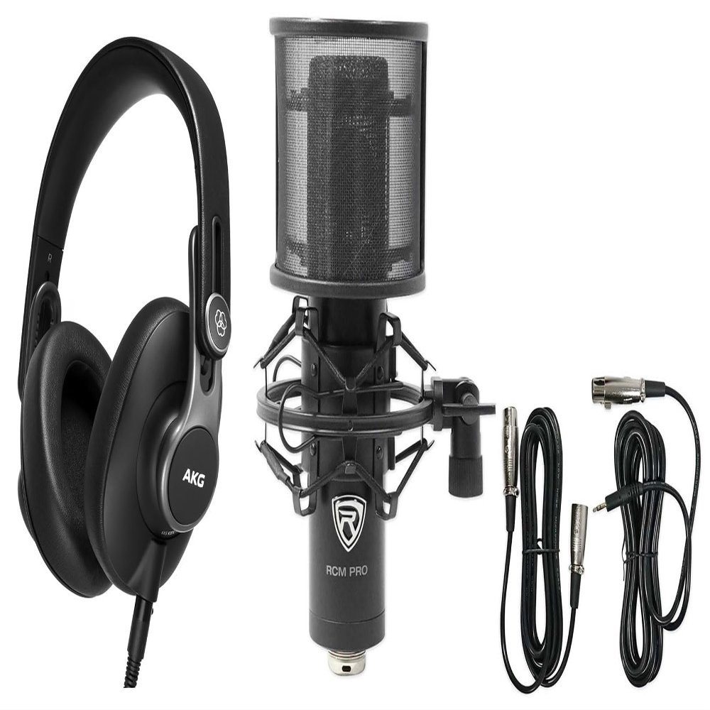 Audiosavings Bundle: AKG K371 Over-Ear Oval Closed-Back Pro Studio Headphones 50MM Drivers/Swivel Bundle with Rockville RCM PRO Studio/Recording Condenser Microphone w Samsung Capacitors (2 Items)