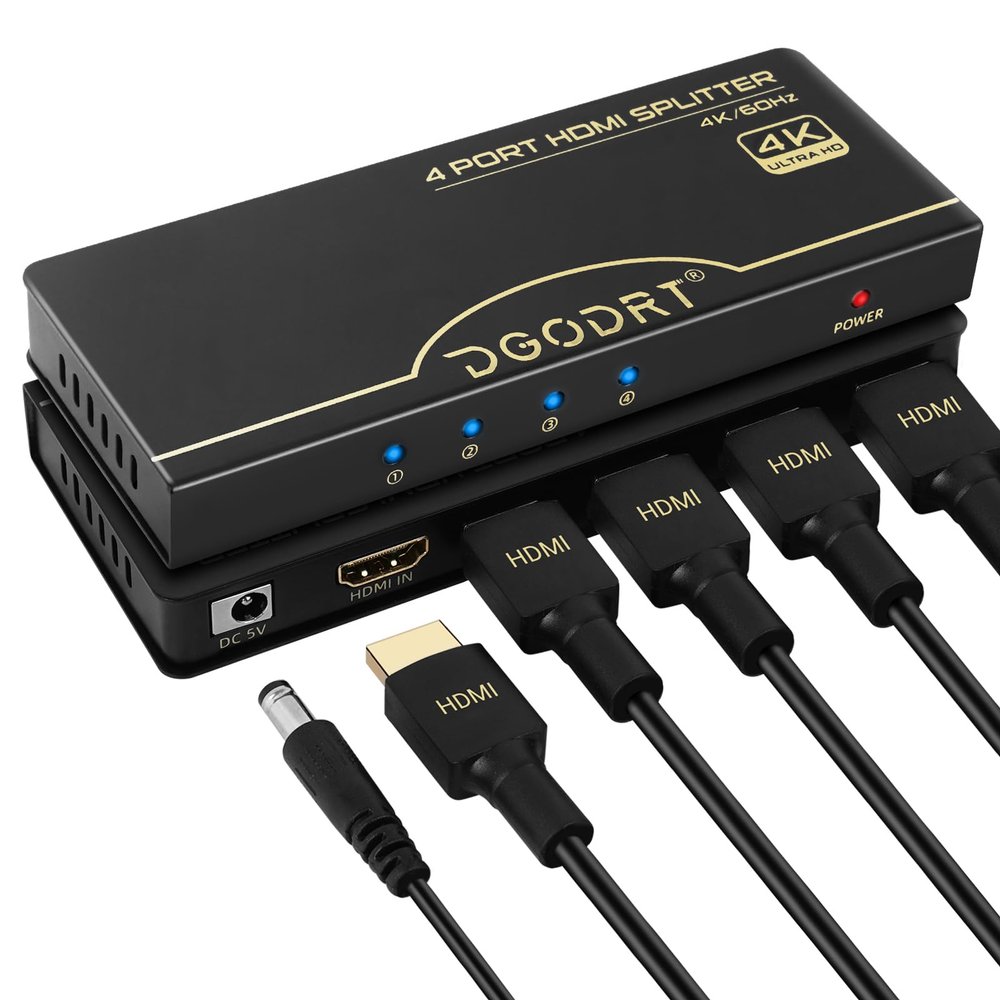 HDMI Splitter 1 in 4 Out 4K@60Hz, 1x4 4 Port HDMI 2.0 Splitter UHD Powered, Support HDCP Bypass, EDID Management, 18Gbps Bandwidth  4-Way Output for TV, Fire Stick, PS5, Blu-ray