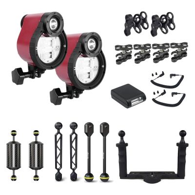 Seafrogs ST-100 PRO Lighting Strobe Kit. Includes 2X ST-100 Pro Strobe, 2X Float Balls, 4X Extension Bars, 2X Optical Fiber Cable, 1x Aluminium Tray for SeaFrogs housing with Fiber Optic Port
