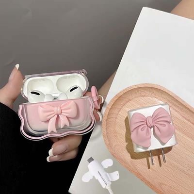 Faneiy for AirPods Pro 2nd Generation Clear Case - 3D Butterfly Bow Cute Earphone Protective Cover + 20W USB-C Power Adapter + Small Wire Cover