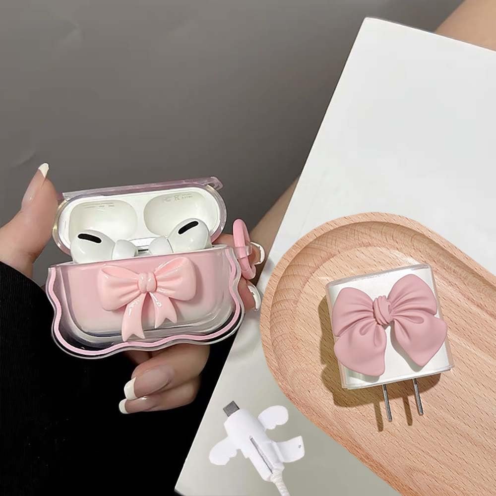 Faneiy for AirPods Pro 2nd Generation Clear Case - 3D Butterfly Bow Cute Earphone Protective Cover + 20W USB-C Power Adapter + Small Wire Cover