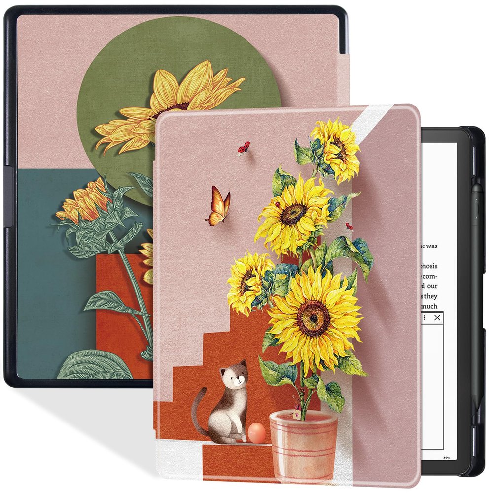 BOZHUORUI Case for 10.2" Kindle Scribe 2022/2024 Tablet - Slim Lightweight PU Leather Book Folio Cover with Pen Holder & Auto Sleep/Wake (Sunflower)